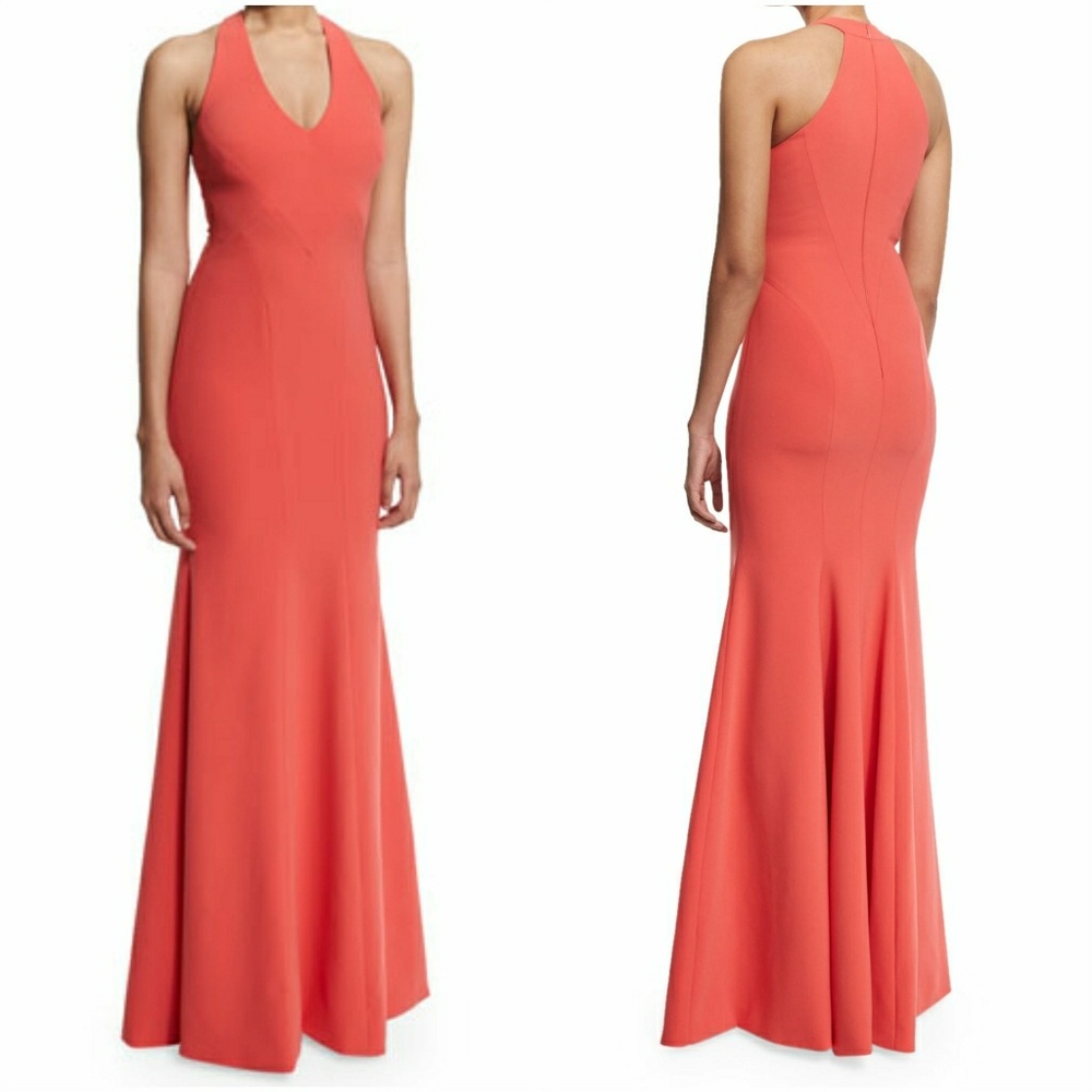 NWT Theia Coral V-Neck Crepe Mermaid Gown Dress